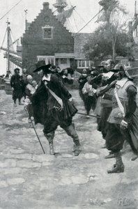 Przybycie Stuyvesanta do Nowego Amsterdamu, ilustracja z „Kolonie i naród” Woodrowa Wilsona, wyd. w Magazynie Harpera, 1901 autorstwa Howard Pyle