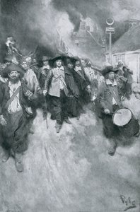 The Burning of Jamestown, 1676, ilustracja z „Kolonie i naród” Woodrowa Wilsona, wyd. w Magazynie Harpera, 1901 (lito) autorstwa Howard Pyle