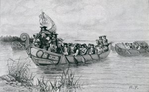 Lądowanie Cadillaca, ilustracja z „Miasta cieśniny” Edmunda Kirke, wyd. w Magazynie Harpera, 1886 autorstwa Howard Pyle