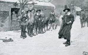 Gubernator purytański przerywający sporty świąteczne, rycina J. Bernstrom, ilustracja z „Boże Narodzenie” George