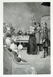 Proces czarownicy, ilustracja z „Giles Corey, Yeoman” Mary E. Wilkins, wyd. w Magazynie Harpera, 1892 autorstwa Howard Pyle