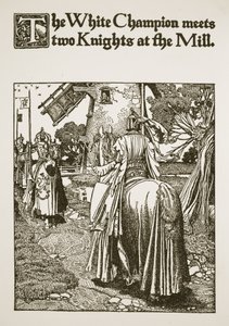 Biały mistrz spotyka dwóch rycerzy w młynie, ilustracja z „Historii króla Artura i jego rycerzy”, 1903 autorstwa Howard Pyle