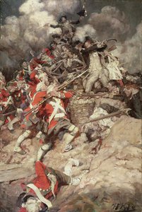 Wspięli się na balustradę i przeszli przez szczyt, Pell Mell, Upon the British lub The Battle of Yorktown, z „Janice Meredith” Paula Leicestera Forda (1865-1902), opublikowanej 1899 (olej na płótnie) autorstwa Howard Pyle