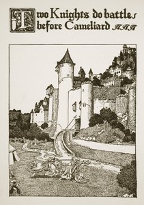 Dwaj rycerze walczą przed Cameliardem, ilustracja z „Historii króla Artura i jego rycerzy”, 1903 autorstwa Howard Pyle