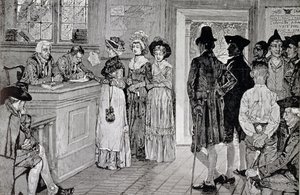 Kobiety w sondażach w New Jersey, ilustracja z „Kobiety w sondażach w New Jersey w starych dobrych czasach”, wyd. w „Tygodniku Harpera”, 1880 autorstwa Howard Pyle
