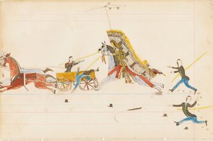 Howling Wolf Fighting Soldiers, 1874-75 (pióro, atrament i toaleta na papierze księgowym)