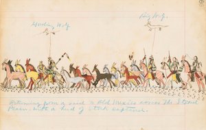 Powrót z najazdu do Starego Meksyku przez Równiny Staked z przechwyconym stadem, 1874-75 (pióro, atrament i toaleta na papierze księgowym)
