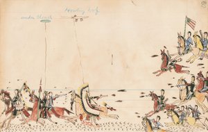 Walka pod Chmurą i Wyjącym Wilkiem z gen. Sullym w 1868 r., 7 Pułk Cavy w pobliżu Zaopatrzenia Obozu Teraźniejszości, 1874-75 (pióro, atrament i toaleta na papierze księgowym)