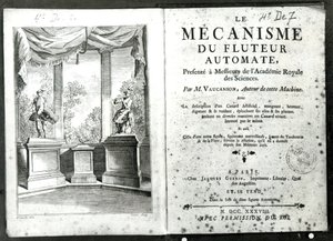 Automatons, ilustracja frontyspisu z „Le Mecanisme du fluteur automate” Jacquesa de Vaucansona, rycina Francois Vivares (1709-80) 1738