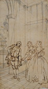 Ilustracja literacka z panem i dwiema paniami we wnętrzu autorstwa Hubert Francois Gravelot