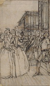 Ilustracja literacka z dwiema damami i dwoma dżentelmenami na ulicy autorstwa Hubert Francois Gravelot