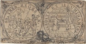 Medaliony ozdobne z Pokłonem Trzech Króli i dwoma bibliofilami autorstwa Hubert Francois Gravelot
