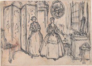 Studium do „O mocy strażnika”, trawiona winieta w „Pieśniach w operze Flora” autorstwa Hubert Francois Gravelot