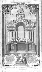 Pomnik królowej Elżbiety w opactwie westminsterskim, ilustracja z „Historii Anglii” Rapina, rytowany przez Johna Goldara, 1786
