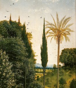 Fragment Pielgrzymów prowadzonych przez św. Krzysztofa, z prawej strony Ołtarza Gandawskiego autorstwa Hubert & Jan van (1390 1441) Eyck