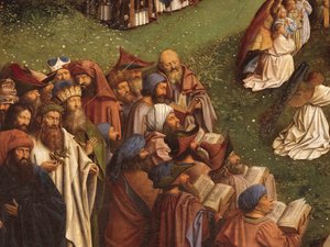 Fragment Adoracji Mistycznego Baranka ze środkowej płyciny Ołtarza Gandawskiego (olej na desce) autorstwa Hubert & Jan van (1390 1441) Eyck