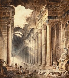 Budynek termalny z kolumnadą, dach częściowo otwarty do nieba, z dziewczętami piorącymi ubrania przy fontannie pod posągiem, autorstwa Hubert Robert
