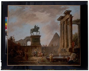 Capriccio z trubadurami i praczkami przy misie wśród rzymskich ruin, za nimi piramida, ok. 1780 r. (olej na płótnie) autorstwa Hubert Robert