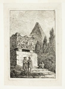 Krajobraz z piramidą i sarkofagiem, płyta szósta z Les Soirées de Rome autorstwa Hubert Robert