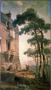 Muzycy. Grupa artystów złożona z muzyków i tresera niedźwiedzi przeszukuje pod balkonem mieszczańskiego domu. Obraz Huberta Roberta (1733-1808), olej na płótnie, sztuka francuska. Państwowe Muzeum na Wolnym Powietrzu Peterhof, Sankt Petersburg autorstwa Hubert Robert