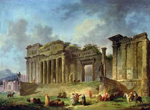 Mężczyzna szkicujący ruiny klasycznej świątyni (olej na płótnie) autorstwa Hubert Robert