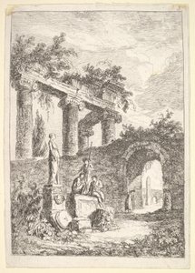 Tablica 3: Posąg przed ruinami: po lewej posążek obok trzech postaci na p..., ca. 1763-64. autorstwa Hubert Robert