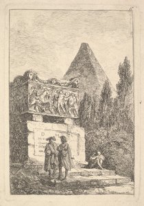 Ilustracja 6: Sarkofag: dwóch rozmawiających mężczyzn w lewo, inny siedzący i śpiący..., ok. godz. 1763-64. autorstwa Hubert Robert