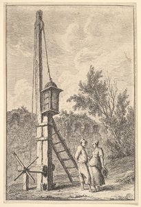 Tablica 9: Koło pasowe: mężczyzna i kobieta rozmawiający w prawo, latarnia zawieszona na poz..., ca. 1763-64. autorstwa Hubert Robert
