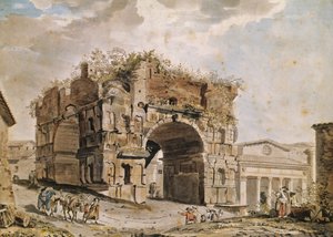 Ruiny rzymskie (pióro i atrament i toaleta na papierze) autorstwa Hubert Robert