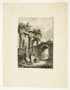 Posąg przed ruinami, płyta trzecia z Les Soirées de Rome autorstwa Hubert Robert
