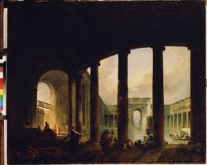 ""Basen otoczony kolumnadą"" (Basen otoczony kolumnadą (Villa Giulia?)) To może być Villa Giulia w Rzymie. Obraz Huberta Roberta (1733-1808) Ermitaż w Petersburgu autorstwa Hubert Robert