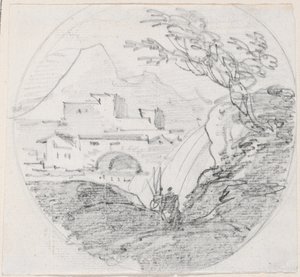 Widok z grzbietu na wioskę i odległą górę autorstwa Hubert Robert