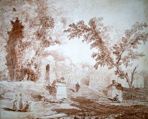 Widok na ogród z tarasem (czerwona kreda na papierze) autorstwa Hubert Robert