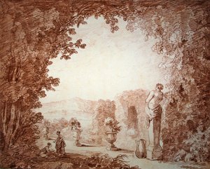 Widok ogrodu z rzeźbami (czerwona kreda na papierze) autorstwa Hubert Robert