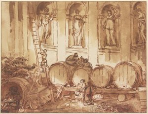 Magazyn wina w sali z niszami i czterema posągami antycznych bóstw autorstwa Hubert Robert