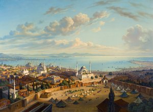 „„Widok na Konstantynopol z wieży Serasker (Bayezid lub Seraskier)”” (Konstantynopol z wieży strażackiej w Beyazit) Obraz Huberta Sattlera (1817-1904) Olej na płótnie, 74x101,5 - kolekcja prywatna