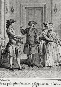 Nie mogę już znieść udręki tutaj, gdzie jestem, ilustracja do Eugenii autorstwa Beaumarchais, rytowana przez Louisa Josepha Masqueliera (1741-1811) autorstwa Hubert after Gravelot