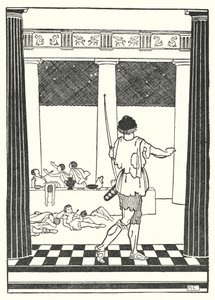 Odyseusz zabijający zalotników Penelopy (litografia) autorstwa Hugh Chesterman