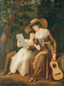 Podwójny portret Maryi, hrabiny Erne, z córką Lady Caroline Crichton, później Lady Wharncliffe, pełnometrażowy, siedzący, pierwsza w brązowej sukience z żółtą szarfą, ubrana w dużą słomkę