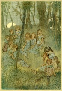 I nocne łąkowe wróżki, patrzcie, śpiewajcie, z pubu Wesołe kumoszki z Windsoru. 1910 autorstwa Hugh Thomson