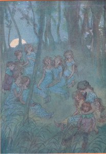 I nocne łąkowe wróżki, patrzcie jak śpiewacie, ilustracja z Wesołych kumoszków z Windsoru, 1910 autorstwa Hugh Thomson