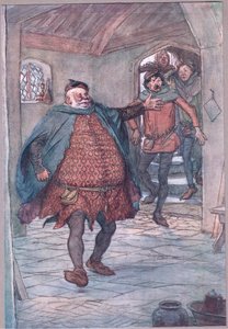 Wejdź Falstaff, pistolet, Nym i Bardolph, ilustracja z Wesołych kumoszków z Windsoru, 1910 autorstwa Hugh Thomson