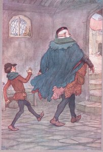 Exeunt Falstaff i Robin, ilustracja z Wesołych żon z Windsoru, 1910 autorstwa Hugh Thomson