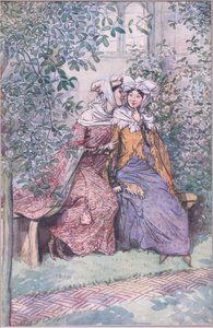 Skonsultujmy się razem przeciwko temu tłustemu rycerzowi, ilustracja z Wesołych kuzyn z Windsoru, 1910 autorstwa Hugh Thomson