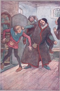 Złoczyńca! Larronie! (Wyciąganie prostego), ilustracja z Wesołych kuzyn z Windsor, 1910 autorstwa Hugh Thomson