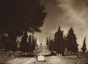 Meksyk: Cholula, kościół Guadalupe (zdjęcie czarno-białe) autorstwa Hugo Brehme