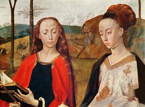 Święta Małgorzata i święta Maria Magdalena. Detal z ołtarza Portinari. Ok. 1479 r. Olej na drewnie autorstwa Hugo van der Goes