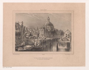 Gezicht op de Stromarkt, het Singel en de Lutherse kerk Kościół luterański. Widok wykonany na kanale (znany jako Singel) (tytuł na obiekcie) Pamiątka z Amsterdamu Osiem widoków narysowanych i litografowanych z natury przez H. van Hove Bz. (tytuł serii)