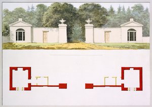Rzuty elewacji i przyziemia proponowanej nowej bramy wejściowej i loży, z Czerwonej Księgi dla Domu Antoniego, ok. 1812 (wc na papierze) autorstwa Humphry Repton