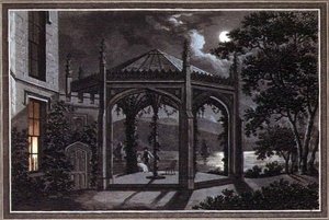 Pawilon i szklarnia dla gotyckiego dworu, z „Uwagi z teorii i praktyki ogrodnictwa krajobrazowego”, wyd. 1802 (kolor lito) autorstwa Humphry Repton